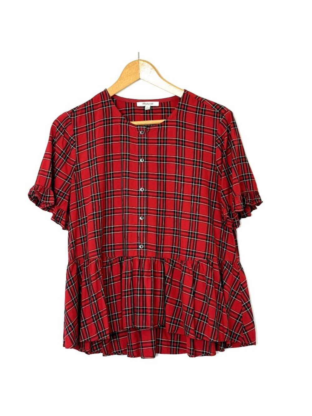 Madewell Plaid Ruffled Peplum Tunic Blouse Womens size Medium Button Front Red